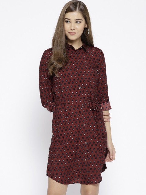 

Wills Lifestyle Women Maroon & Navy Blue Printed Shirt Dress