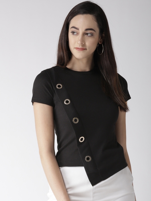 

Madame Women Black Self-Striped Fitted Pure Cotton Top