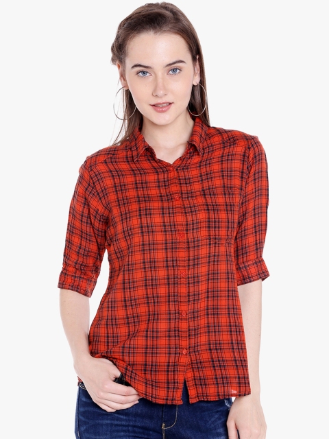 

SPYKAR Women Orange & Black Regular Fit Checked Casual Shirt