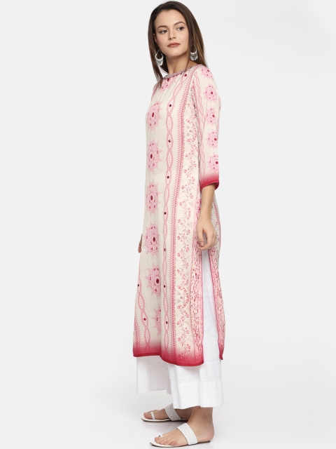 

Sabhyata Women Off-White & Pink Printed Straight Kurta