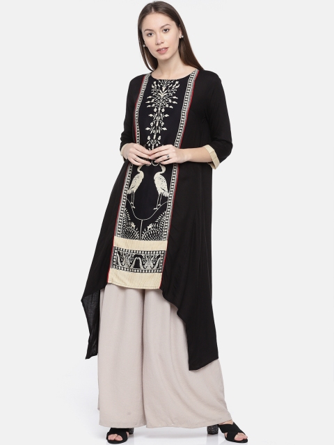 

Sabhyata Women Black Printed Straight High-Low Kurta