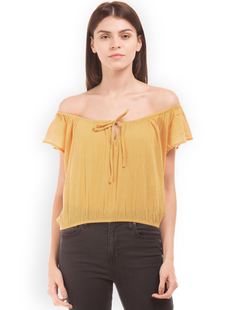 

Aeropostale Women Mustard Yellow Solid Bardot Pure Cotton Top