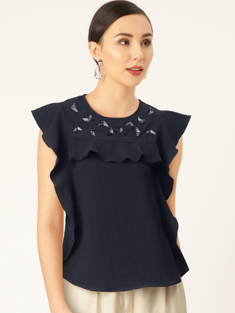 

Madame Women Navy Blue Embellished Detail Top