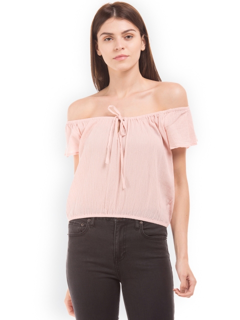 

Aeropostale Women Pink Solid Bardot Pure Cotton Top