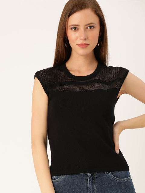 

ELLE Women Black Solid Semi Sheer Knitted Top