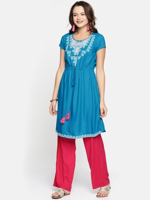 

Sabhyata Women Blue Yoke Design A-Line Kurta