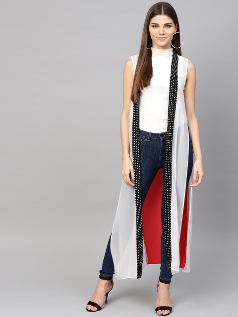 

W Women White & Red Printed Open Front Longline Ethnic Jacket