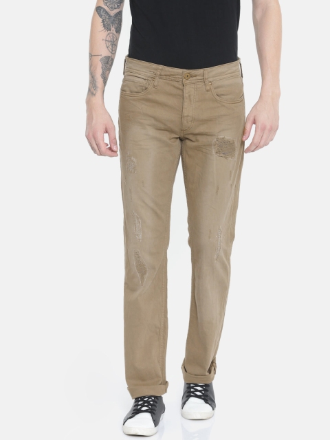 

Jack & Jones Men Khaki Brown Regular Fit Mid Rise Mildly-Distressed Stretchable Jeans