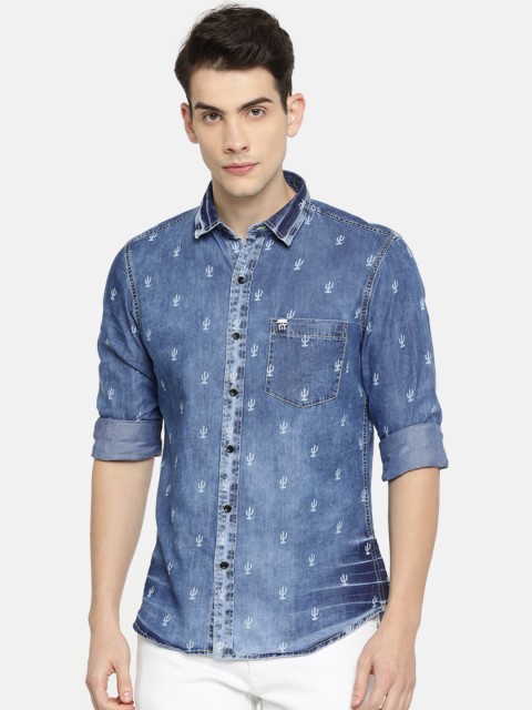 

John Players Men Blue Slim Fit Printed Chambray Casual Shirt