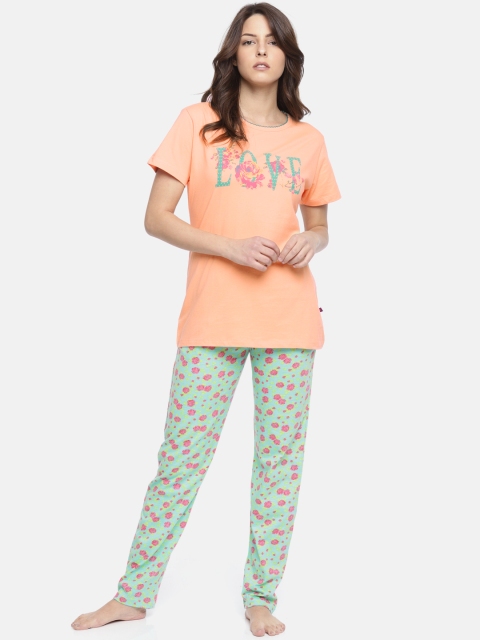 

July Nightwear Peach-Coloured & Turquoise Blue Printed Lounge Set