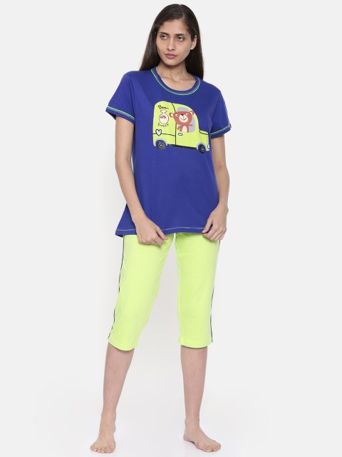 

July Nightwear Blue & Fluorescent Green Printed Lounge Set C-48