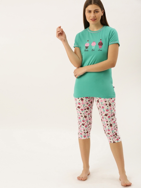 

July Nightwear Women Green & Pink Printed Night suit