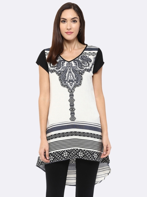 

Fusion Beats Women Cream-Coloured & Black Printed Tunic