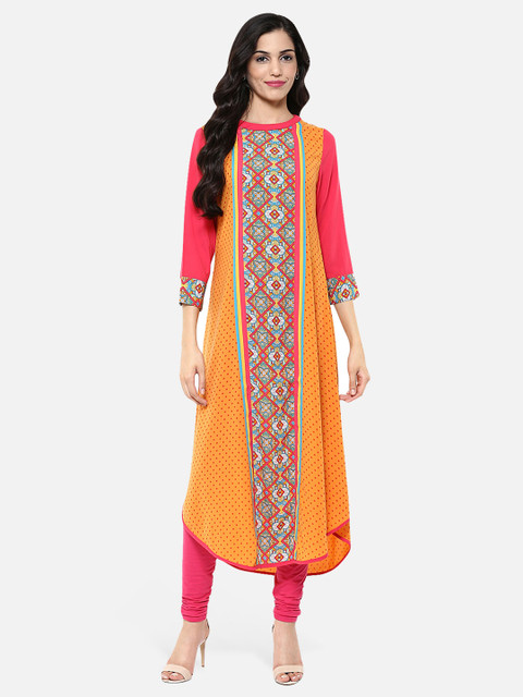 

Fusion Beats Women Orange & Pink Printed Straight Kurta