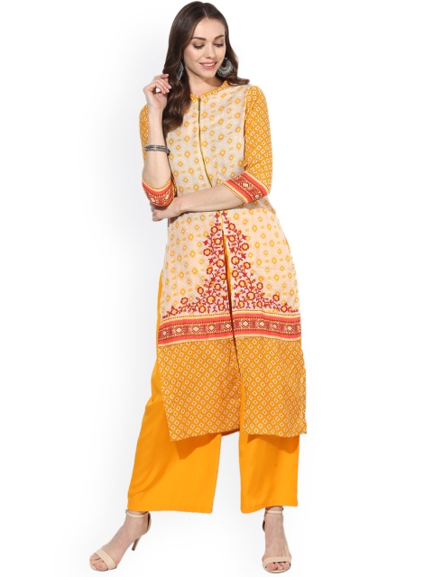 

Fusion Beats Women Beige & Yellow Printed A-Line Kurta