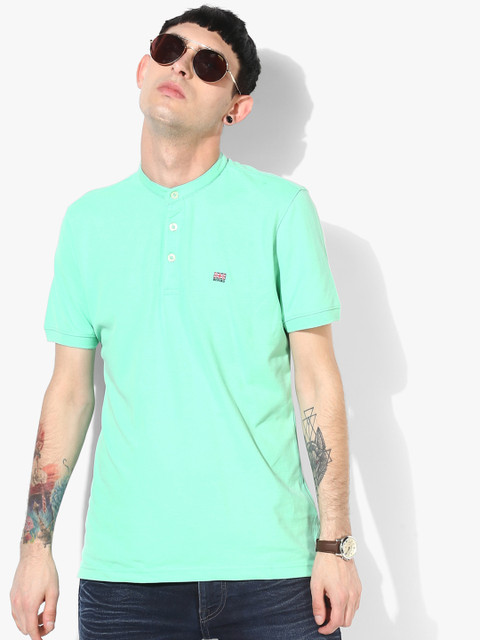 

Turquoise Solid Slim Fit Mandarin T-Shirt, Turquoise blue