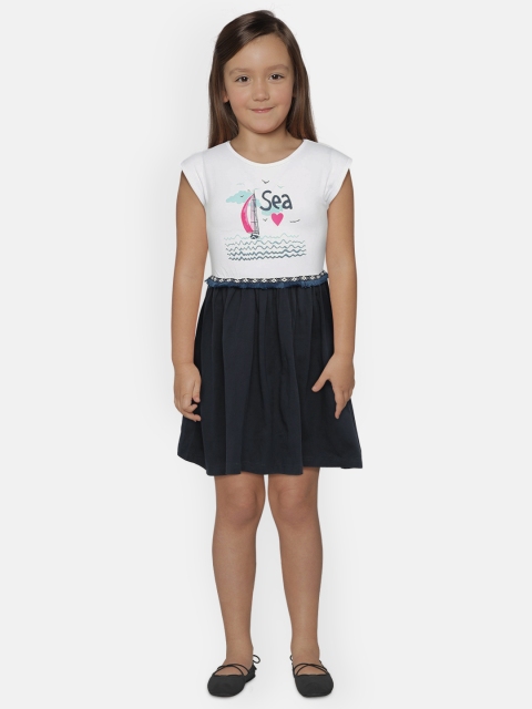 

Gini and Jony Girls White & Navy Blue Printed Fit and Flare Dress
