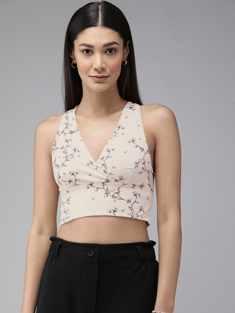 

Vero Moda Women Cream-Coloured Floral Printed V-Neck Styled Back Crop Top
