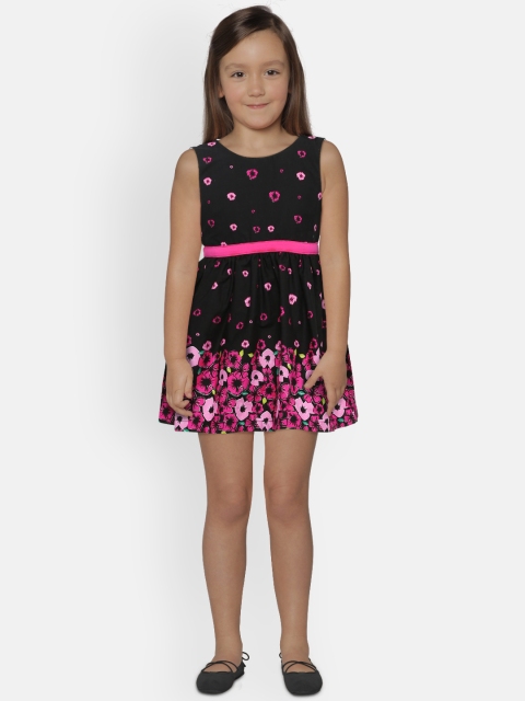 

612 league Girls Black Printed Fit and Flare Dress