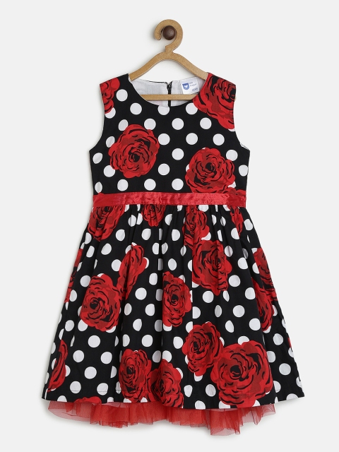 

612 league Girls Black & Red Printed Fit and Flare Dress