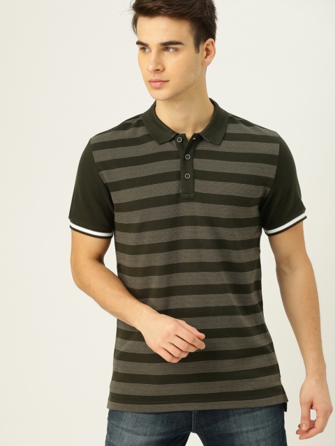 

United Colors of Benetton Men Olive Green Striped Polo Collar T-shirt
