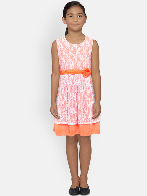 

612 league Girls Orange & White Lace Self Design Fit and Flare Dress