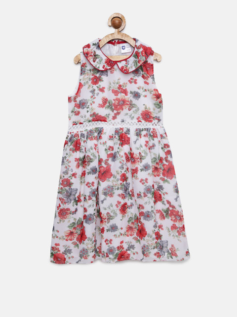 

612 league Girls White Printed A-Line Dress