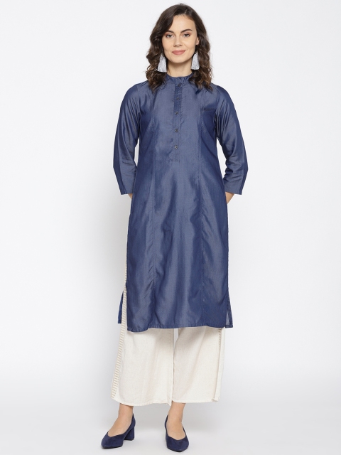 

Biba Women Navy Blue Chambray Solid Straight Kurta