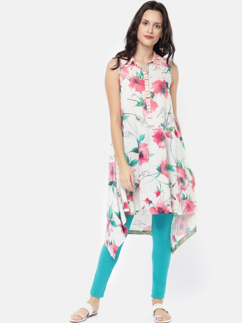

Biba Women Off-White & Pink Printed A-Line Kurta