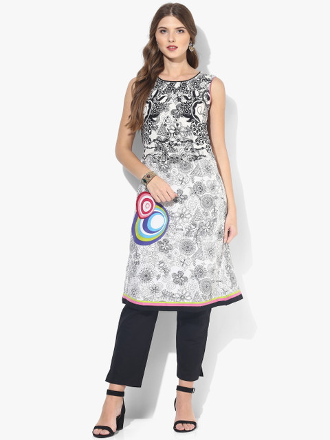 

Biba Women Off-White & Black Printed A-line Kurta