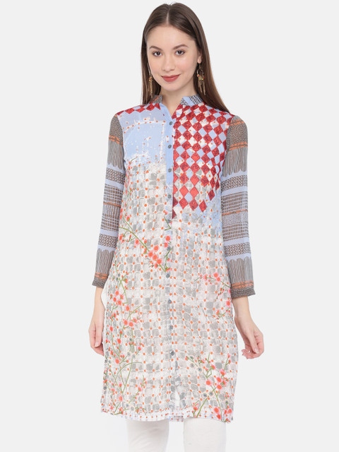 

Biba Women Off-White & Blue Printed Straight Kurta