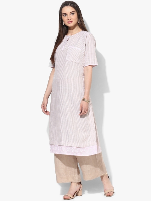 

Biba Women Beige & Pink Striped Straight Kurta