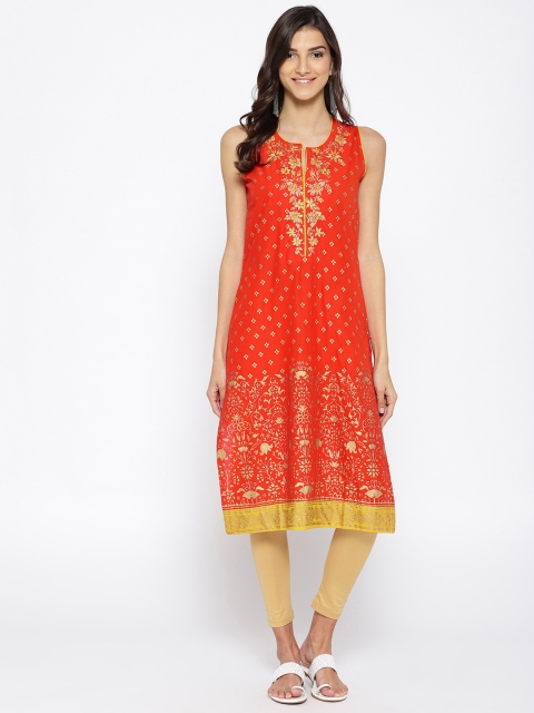 

Biba Women Coral Orange & Golden Printed Straight Kurta