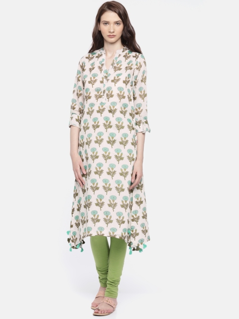 

Biba Women Cream & Green Coloured Printed Straight Kurta