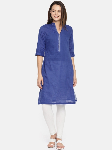 

Biba Women Navy Blue Solid Straight Kurta