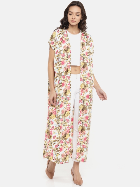 

Blue Saint White & Pink Printed Open Front Longline Shrug