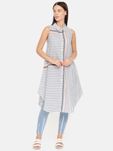 

AND Women White & Grey Striped Asymmetric Tunic