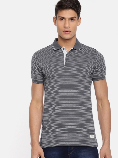 

United Colors of Benetton Men Grey & White Self Striped Polo Collar T-shirt