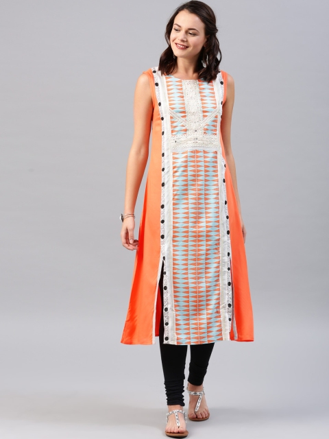 W Women Orange & White Printed A-Line Kurta