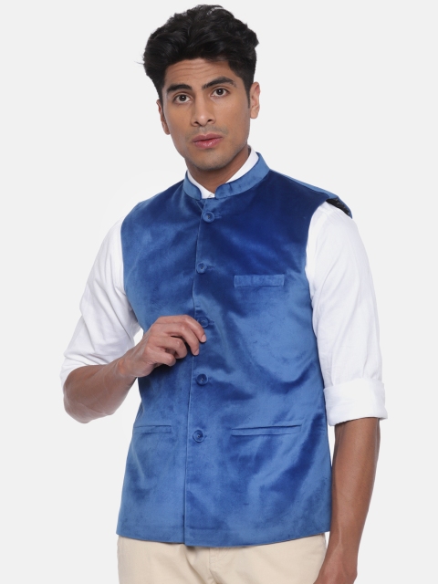 

True Blue Men Bllue Solid Velvet Nehru Jacket