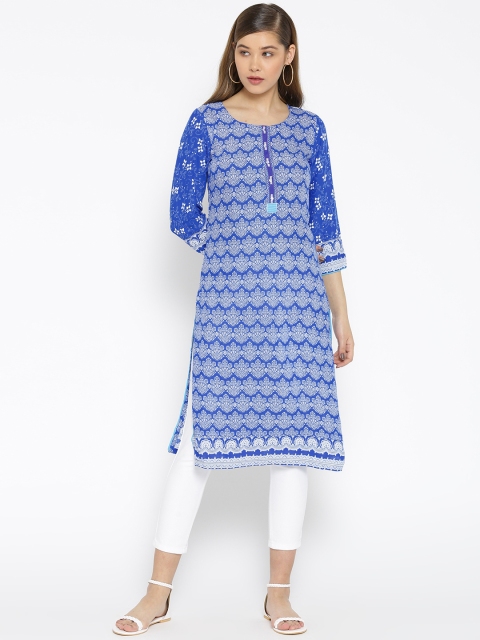 

Rangriti Women Blue & White Printed Straight Kurta