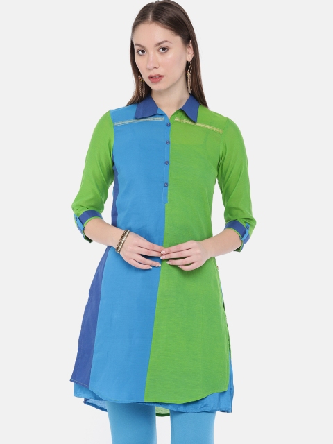 

Biba Women Green & Blue Colourblocked Straight Kurta