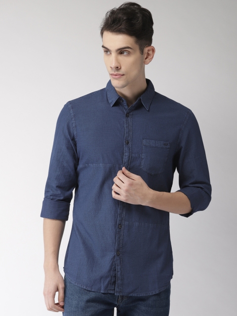 

GAS Men Navy Blue Self Striped Casual Shirt
