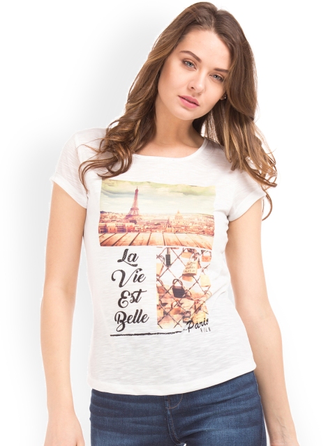 

ELLE Women Off-White Printed Round Neck T-shirt