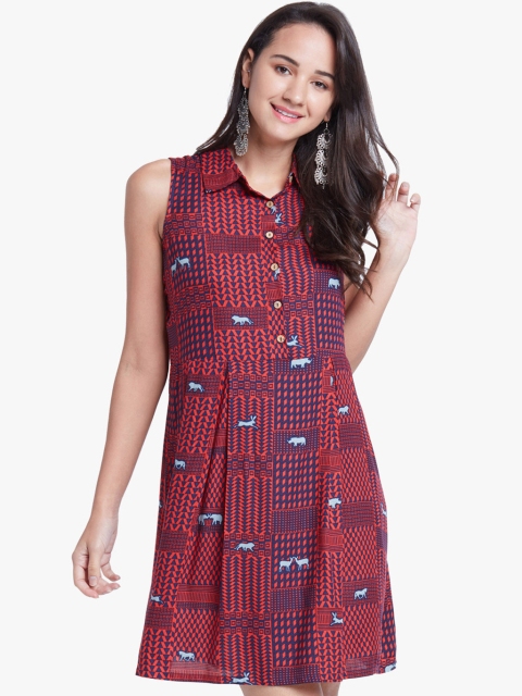 

Global Desi Women Coral Red & Navy Printed A-Line Dress
