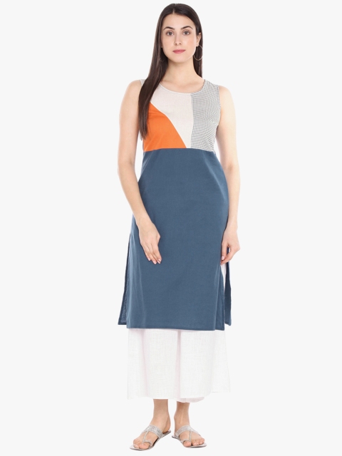 

RANGMANCH BY PANTALOONS Women Blue & White Colourblocked Straight Kurta