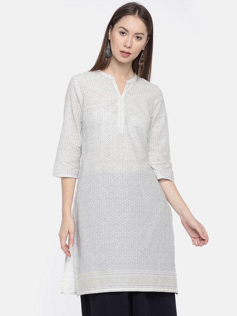

People Women White Printed Straight Kurta