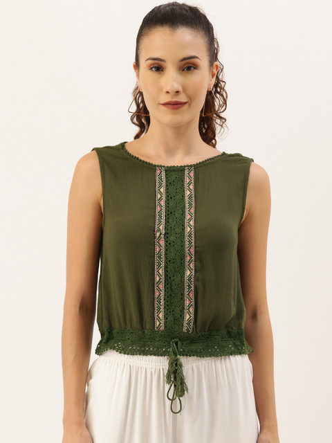 

People Women Olive Green Solid Top with Lace Inserts