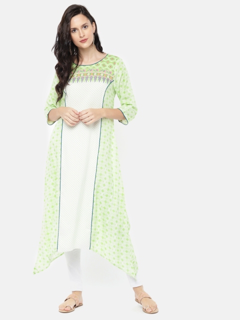 

AURELIA Women Green & Off-White Printed A-Line Kurta
