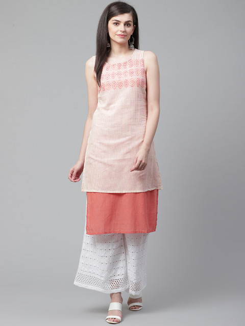 

AURELIA Women Peach-Coloured Woven Design Layered Straight Kurta